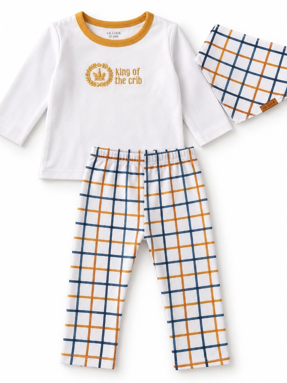 Lila &Jack King of the Crib” Baby Boy 3-Piece Plaid Outfit Set 12-24M